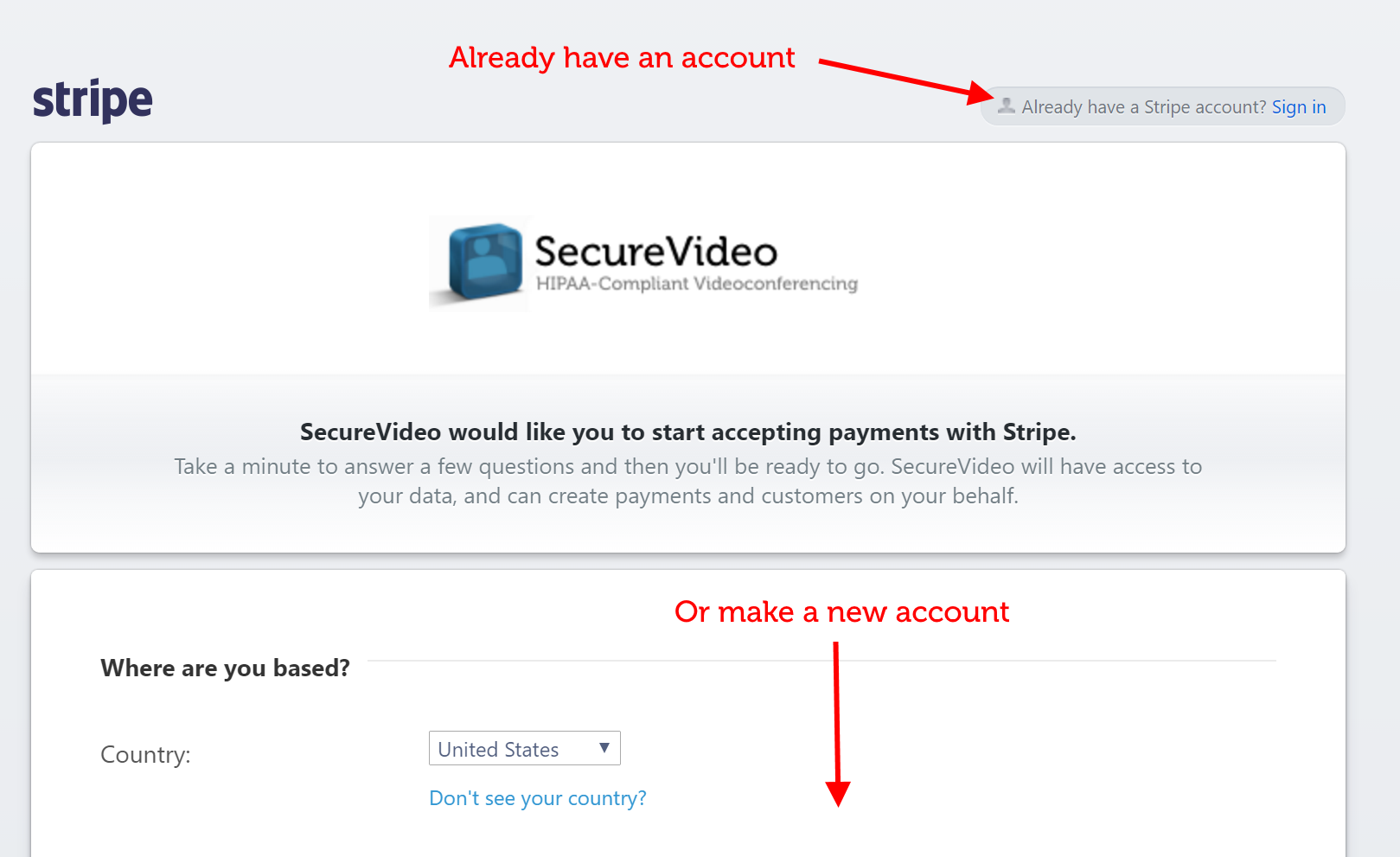 Connect or create Stripe account page