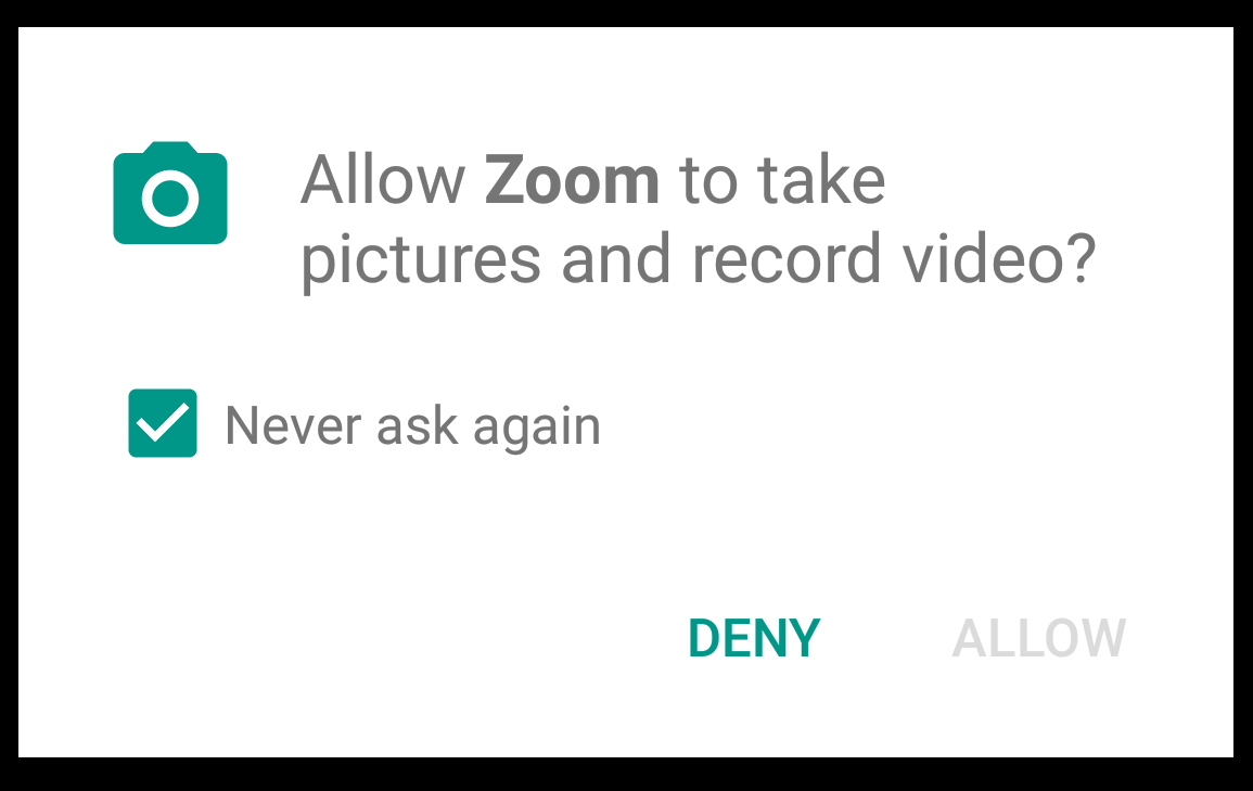 Allow Zoom to take pictures and record video? Never ask again is checked
