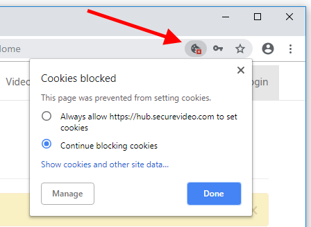 "Cookies blocked" icon and cookies blocked expanded message