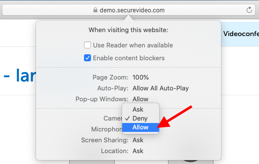 Dropdown menu with options "Ask", "Deny" and "Allow". Arrow pointing to "Allow"