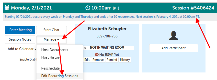 Arrow pointing at the description of the recurrence schedule, as well as the Manage and then "Edit Recurring Sessions" item